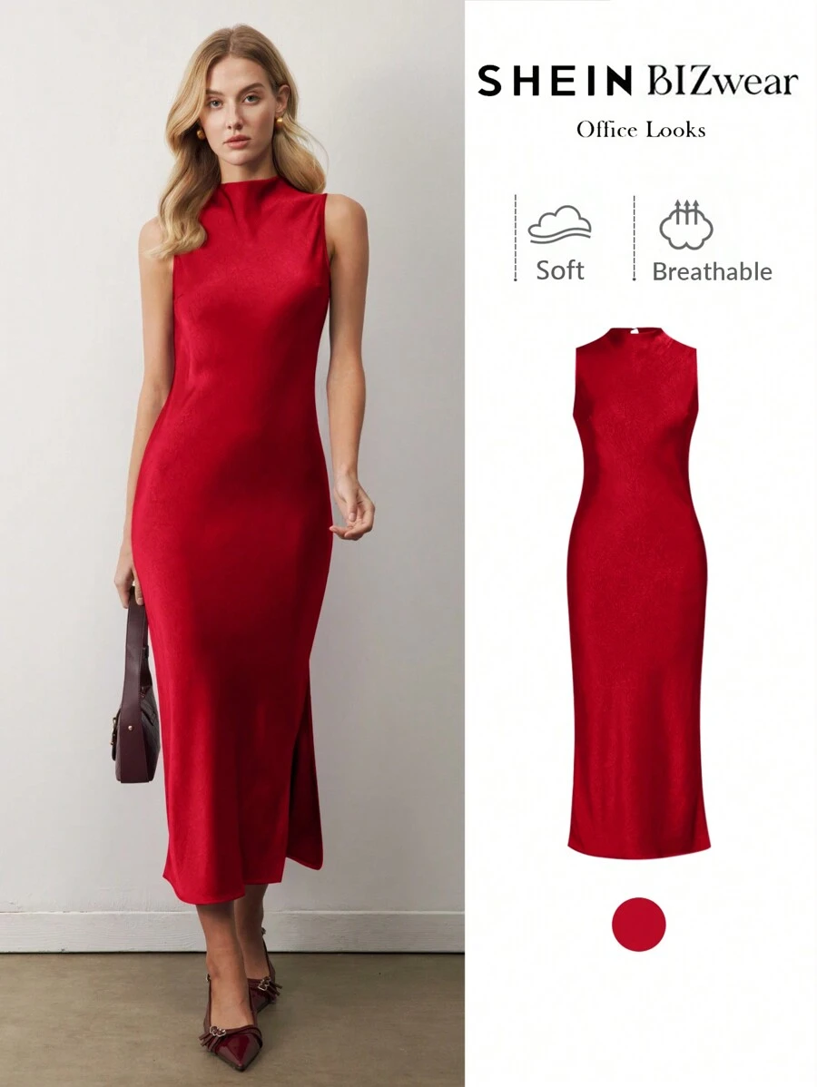 BizChic 红色缎面垂褶领无袖鱼尾连衣裙，优雅都市通勤日常浪漫90年代复古风，适合圣诞节、新年、情人节、派对、海滩、毕业典礼、时尚、节日、假日、婚礼宾客、早午餐、机场等多种场合。 - 酒紅色 - 查看 1