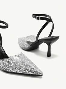 CUCCOO CHICEST 女士仿珍珠和水钻装饰黑色透明带尖头高跟凉鞋，性感优雅的圣诞节闭趾穆勒鞋