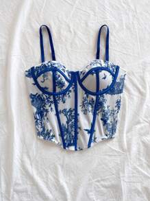 Soleia 女士复古花卉撞色吊带背心上衣，适合节日、约会、下午茶、度假、音乐节、波西米亚风格、春夏 - 藍白色 - 查看 7