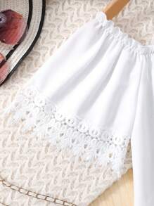 2pcs/Set Tween Girls' Off-Shoulder Batwing Top And Digital Printed Flare Pants, Summer - White - View 7