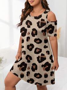 EMERY ROSE 休闲简约豹纹图案宽松圆领短袖大码连衣裙，适合夏季 - 卡其色 - 查看 3