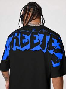 AXEPEAK 男士英伦印花宽松圆领短袖 T 恤，适合夏季，街头潮流必备，Emo，2000 年代风格 - 黑色 - 查看 2