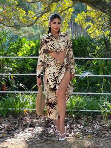 SHEIN SXY Early Spring Sexy Shirt Graphic Slit Shirt Dress - Brown - View 5