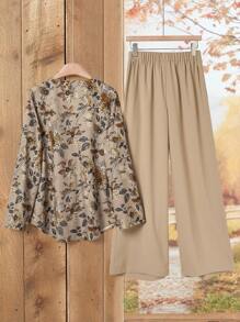 Rusticease Ensemble de 2 pièces pour femmes, Top imprimé fleurs à manches longues et pantalon de couleur unie