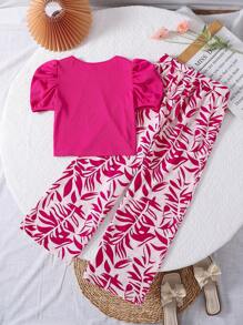 SHEIN 少女纯色圆领短上衣和印花编织长裤 2 件套