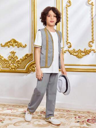 SHEIN 3 件套 青少年男孩金线拼布背心、短袖上衣和裤子 2 件套