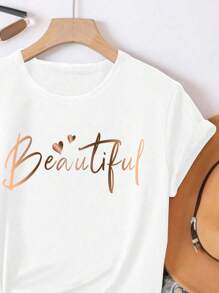 Sparklyn Tween Girl Letter & Heart Print Casual Round Neck Short Sleeve T-Shirt - White - View 3