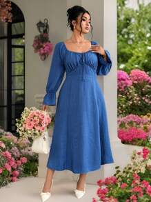 SHEIN Clasi 大码女式褶皱方领合身腰部长袖泡泡袖下摆开衩优雅设计中长连衣裙，非牛仔布，蓝色 - 藍色 - 查看 3