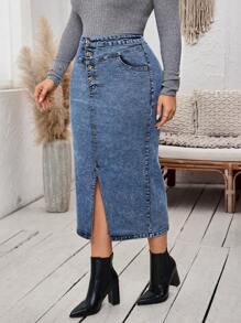 EMERY ROSE 大码女式口袋开衩下摆中长款铅笔牛仔半身裙 - 中等水洗藍 - 查看 3