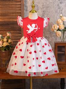 Vestido de niña para primavera/verano con estampado de corazón de San Valentín hecho de tela flocada y de malla - Rojo - Ver 9