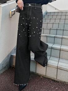 FRIFUL Women's Black Washed Denim Jeans With Pearl Decor, Spring/Summer - Black - View 3