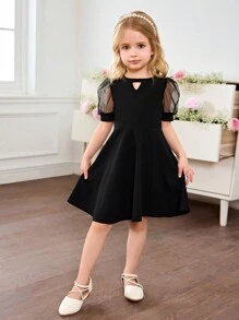 SHEIN Fern Glow  Young Girl's Cute Black Mesh Short Sleeve Dress, Summer - Black - View 1