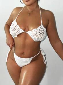 Swim SXY 夏季 2 件套大码性感钩针编织贝壳图案沙滩罩衫 - 白色 - 查看 1