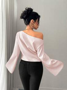 Chiquease Women's Elegant Solid Color Oblique Shoulder Ruched Flare Cuff Shirt, Autumn One Shoulder Top - Baby Pink - View 2