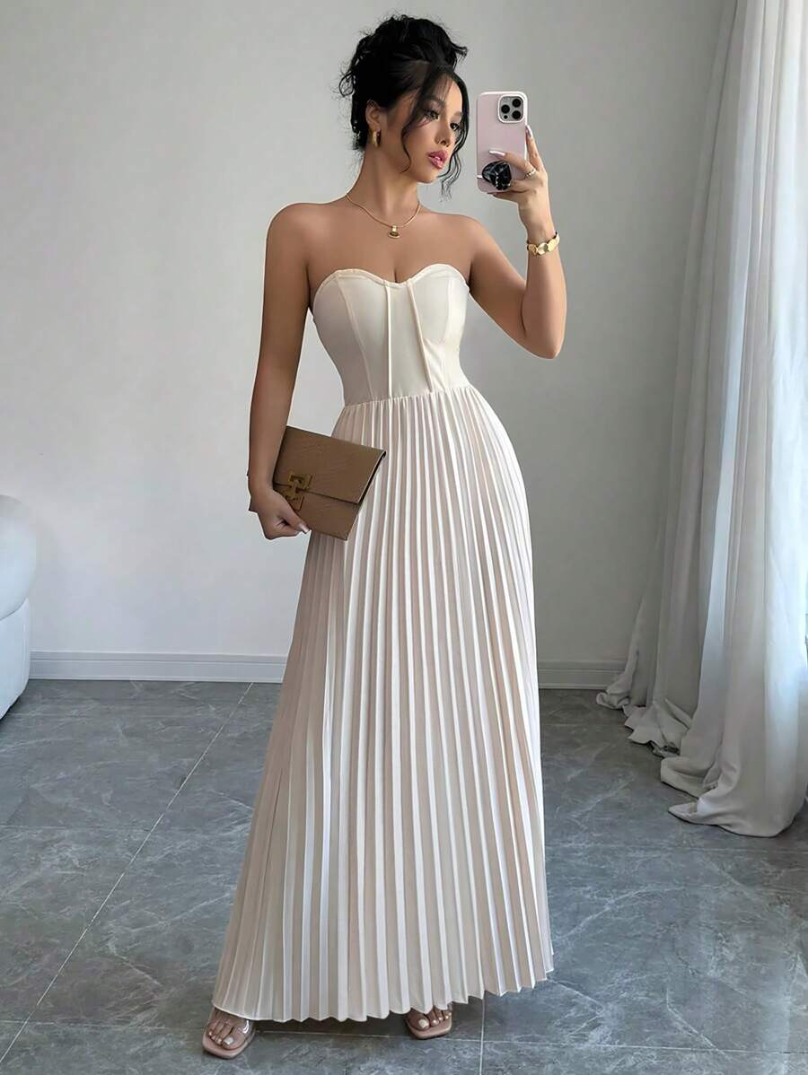 Gloray Women's Elegant Pleated Strapless Slim Fit Midi Dress - Apricot - View 1