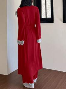 DAZY 3pcs Set Contrast Color Lace Patchwork Camisole Robe And Pajama Pants Nightwear Suit Christmas,New Year