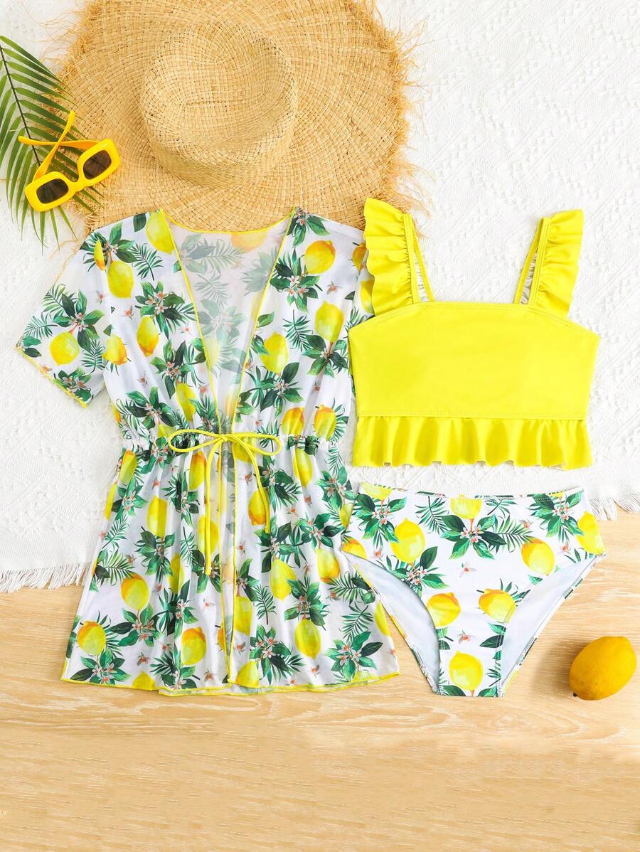 少女柠檬印花比基尼套装（含和服），黄色女孩三件套泳装沙滩装，荷叶边设计，甜美可爱，适合暑假 - 黃色 - 查看 1