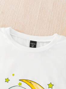 Tween Boys 2 Pieces Set: Star & Moon Print T-Shirt + Versatile Denim Shorts, Suitable For Family Gatherings - Light Wash - View 4