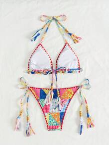 SHEIN Swim Summer Women's Cute & Energetic Patchwork Print Bikini Set