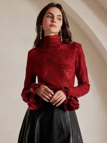 Anewsta Crochet Hollow High Collar Asymmetrical Ruffle Cuff Fitted Crochet Top - Red - View 3