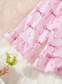 SHEIN 2 件套年轻女孩情人节粉色蝴蝶印花开衫和裤子休闲舒适家居服 - 淺粉色 - 查看 4