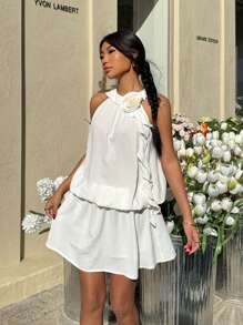 SHEIN EZwear Women's Solid Color Floral 3D Decor Halter Short Dress - White - View 4