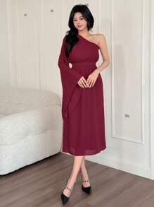 DAZY Robe mi-longue asymétrique à épaule dénudée de couleur unie pour femmes, robe de soirée élégante et formelle, robe longue à manches longues pour l'automne, robe femme rouge - Rouge foncé - Voir 3