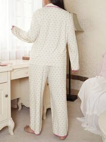 SweetSlumber Plus Size Heart Print Contrast Color Pajama Set With Long Sleeve Top And Pants, Fall Clothes, Cozy Outfit