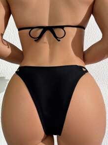 SHEIN Women Sexy Solid Color Triangle Bikini Bottoms, For Summer Beach Vacation - Black - View 4