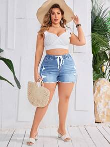 SHEIN EZwear Quần short denim thường ngày cỡ lớn, thời trang đơn giản cho trang phục hàng ngày - Rửa nhẹ - Xem 5