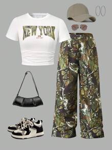 Tween Girls Streetwear NYC 字母印花圆领收腰短款 T 恤 + 迷彩工装裤 2 件套 - 彩色 - 查看 1