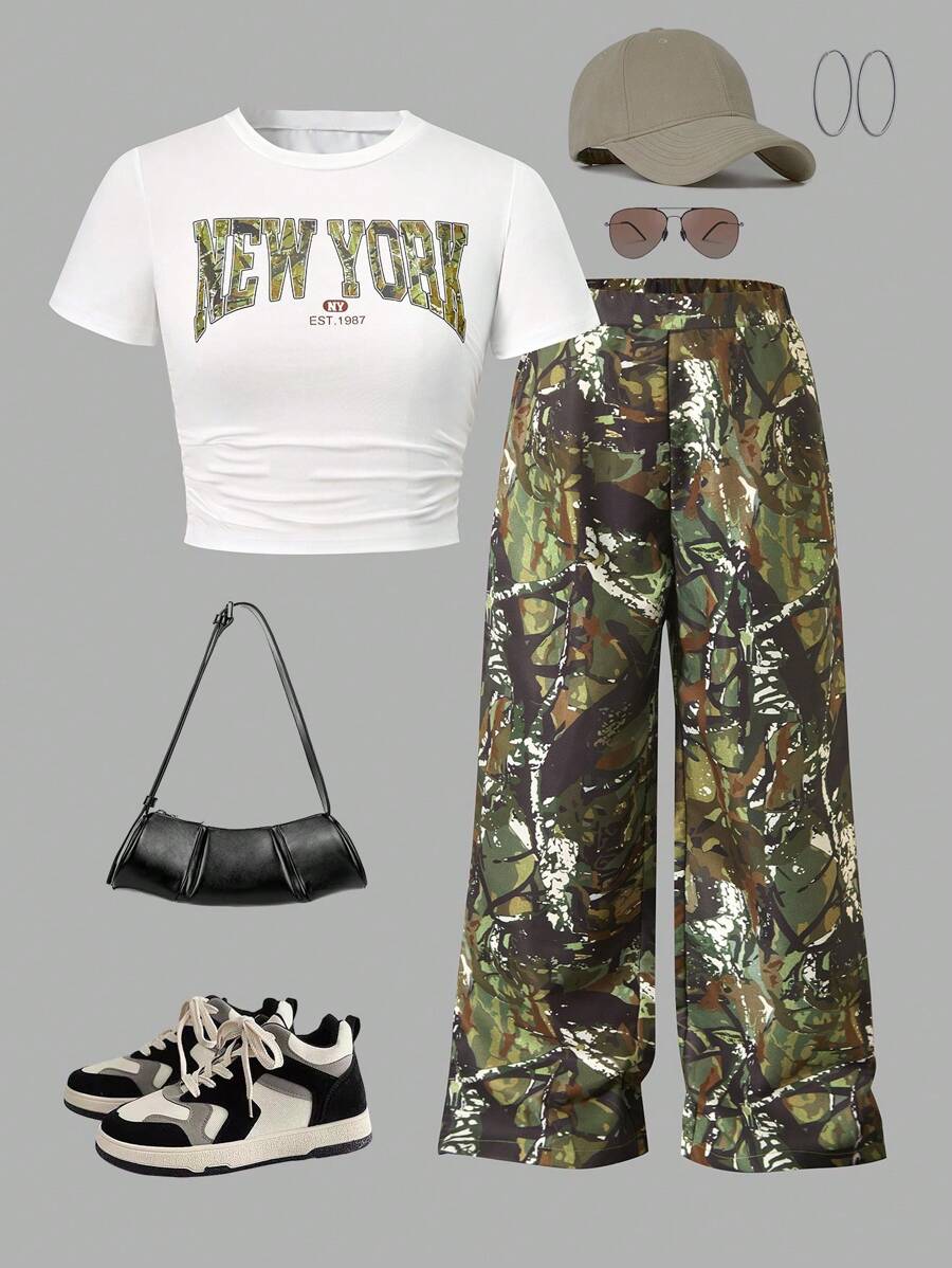Tween Girls Streetwear NYC 字母印花圆领收腰短款 T 恤 + 迷彩工装裤 2 件套 - 彩色 - 查看 1