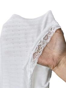 SHEIN Unity Camiseta de manga larga con corte profundo en V, hombros descubiertos, ajustada y con textura blanca y encaje calado en contraste. Minimalista, linda, de uso diario y casual, ideal para primavera/otoño - Blanco - Ver 7