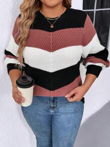 SHEIN LUNE Plus Size Colorblock Striped Casual Knit Sweater, Autumn/Winter Knit Pullover Fall - Multicolor - View 5