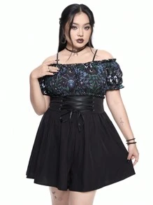 ROMWE Goth Bộ đồ liền thân in họa tiết hở vai tay loe viền bất đối xứng cỡ lớn cho nữ, thích hợp mặc đi biển và đi nghỉ - Nhiều màu - Xem 9