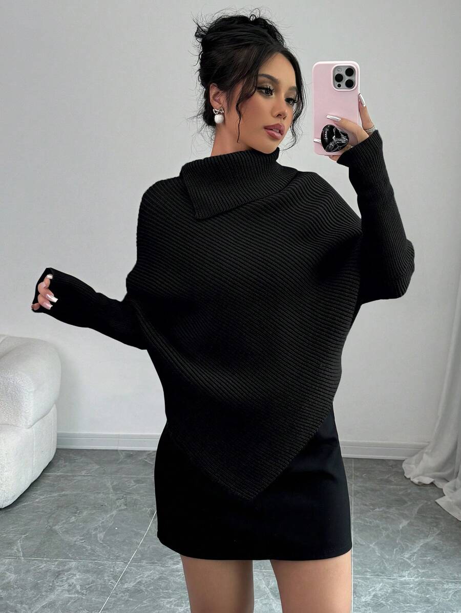 Elenzga Women's Black Asymmetrical Turtleneck Sweater: Stylish Knitwear For Fall Knit Pullover Fall Winter