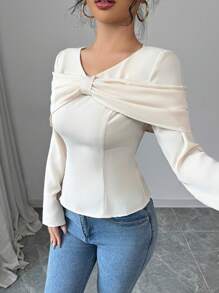Rafferiza Elegant French Style Butterfly Decor Waisted Loose Soft Blouse,Cream White Long Sleeve Top For Tea Party,Autumn Daily Versatile Luxurious Apparel - Apricot - View 6