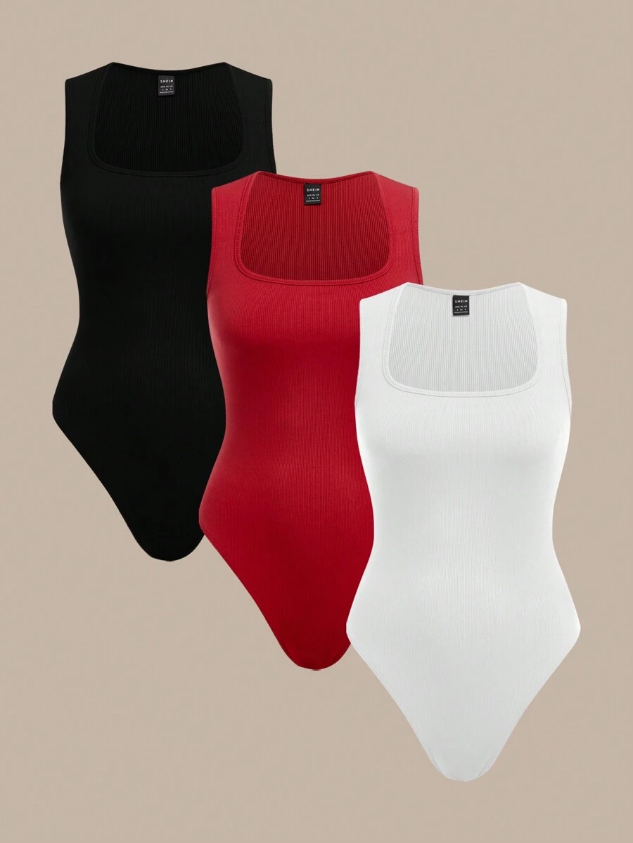 SHEIN BASICS 3pcs Plain Color Tight Knit Sleeveless Bodysuit For Women - Multicolor - View 1