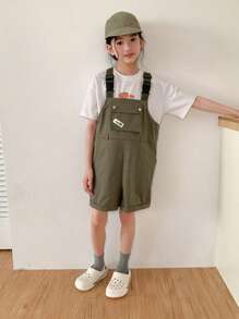 DAZY Tween Girl Letter Print Round Neck T-Shirt And Bib Shorts Set, 2pcs,Girls Summer Outfits,Back To School Clothes - White - View 2