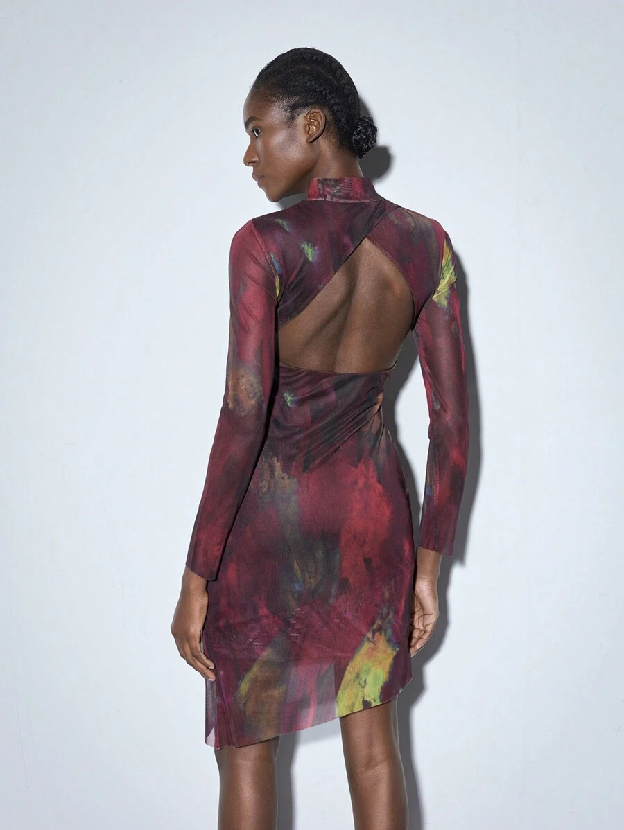 Maija 露背扎染印花立领修身长袖女式连衣裙，适合派对和聚会，春夏季时尚 - 玫瑰紅 - 查看 1