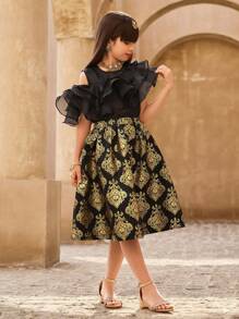 SHEIN Conjunto de 2 piezas: Blusa con paneles de organza y falda de satén con estampado dorado en lámina, diseño adecuado para fiestas, reuniones, festivales, Ramadán - Rosa - Ver 4