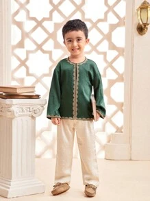 Young Boy Plain Color Block Long Sleeve Casual Top And Pants Set - Dark Green - View 3