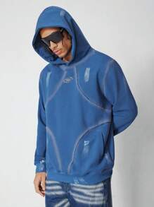 ROMWE MEN Street Life Men's Long Sleeve Printed Minimalist Hoodie, Casual Daily Wear - Blue - View 6