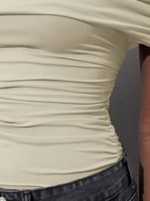 Maija Off Shoulder Ruched Bodysuit, Fitted Silhouette, Suitable For Parties, Gatherings, Versatile Wear, Spring/Summer - Apricot - View 7