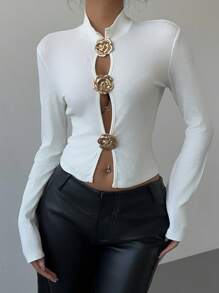 Aloruh Women Small Collar Metal Rose Decor Hollow T-Shirt, Autumn/Winter New Arrival