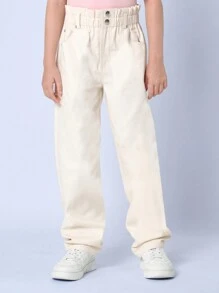 SUMWON Paperbag Waist Pull-On Jeans Elastic Comfort Fit Wide Leg Relaxed Casual Back To School Fall Winter Everyday Wear Pants - Khaki - View 3