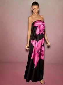L'Amorae 夏季女装，女装，女士优雅无袖大粉色花朵图案黑色开衩长裙，女式连衣裙，夏季女式连衣裙，派对女式连衣裙，优雅女式连衣裙，正式女式连衣裙。正式女式连衣裙，长裙，度假。适合约会之夜、音乐会、表演、派对、俱乐部、音乐节、度假 - 紅色和黑色 - 查看 5