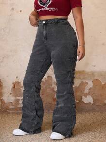 SHEIN ICON Plus Size Casual Washed Slim Flared Jeans - Grey - View 3
