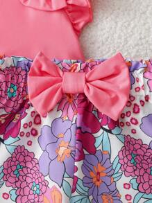 SHEIN Playful Pals 2 件套女婴幼儿 0-3 岁优雅休闲度假日常外出蝴蝶结装饰盖袖上衣和松紧腰短裤套装，适合户外