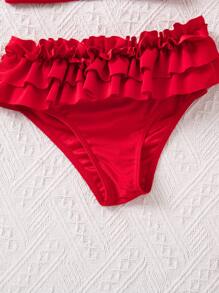 SHEIN 3 件套 Tween 女童纯色荷叶边短款吊带背心、针织三角短裤和蝴蝶结点缀短款泳衣，红色，女童泳衣